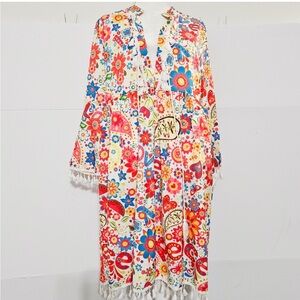 Size XL Flower Power Peace Love Hippy Multi-Colored Polyester Dress Tunic with B